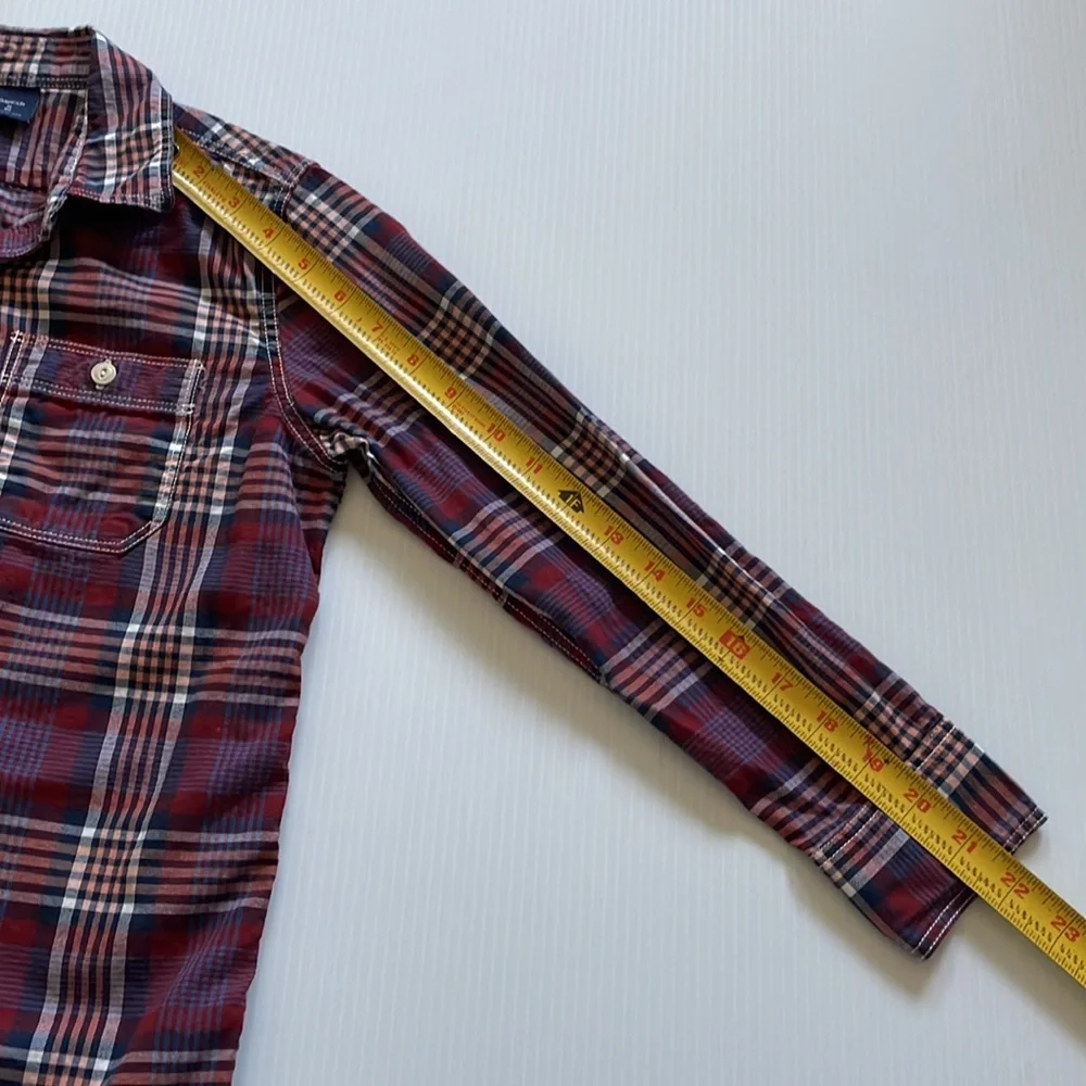 Gap kids burgundy, navy and white plaid button down, cotton shirt.  Boy’s medium
